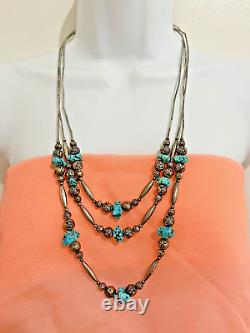 Vintage Native American Turquoise Nugget & Silver Bead 3-Strand Necklace c1980s