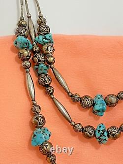Vintage Native American Turquoise Nugget & Silver Bead 3-Strand Necklace c1980s