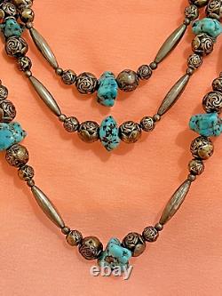 Vintage Native American Turquoise Nugget & Silver Bead 3-Strand Necklace c1980s
