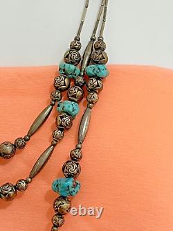 Vintage Native American Turquoise Nugget & Silver Bead 3-Strand Necklace c1980s
