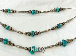 Vintage Native American Turquoise Nugget & Silver Bead 3-Strand Necklace c1980s