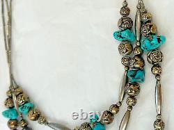 Vintage Native American Turquoise Nugget & Silver Bead 3-Strand Necklace c1980s
