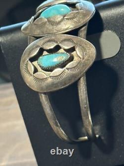 Vintage Native American Turquoise Shadow Box Sterling 925 Cuff Bracelet SIGNED