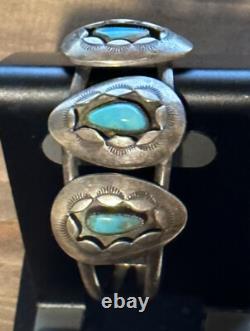 Vintage Native American Turquoise Shadow Box Sterling 925 Cuff Bracelet SIGNED