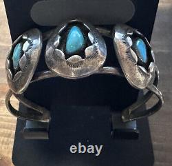 Vintage Native American Turquoise Shadow Box Sterling 925 Cuff Bracelet SIGNED