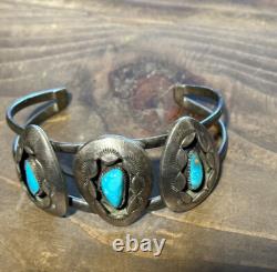 Vintage Native American Turquoise Shadow Box Sterling 925 Cuff Bracelet SIGNED