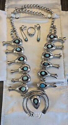 Vintage Native American Turquoise Squash Blossom Jewelry Set