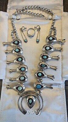 Vintage Native American Turquoise Squash Blossom Jewelry Set