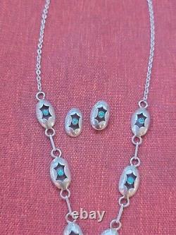 Vintage Native American Turquoise Sterling Silver Necklace/earring Set H5