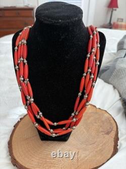 Vintage Native American Untested Silver 4 Strand Orange Coral Bead Necklace J