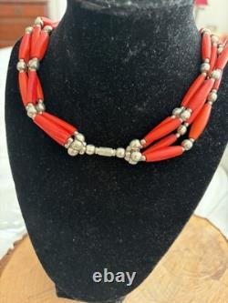 Vintage Native American Untested Silver 4 Strand Orange Coral Bead Necklace J
