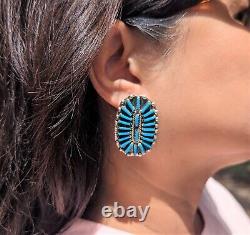 Vintage Native American Women's Blue Turquoise Earrings Zuni Needlepoint Jewelry