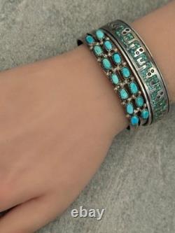 Vintage Native American ZUNI HAND CUT Turquoise Sterling Bracelet 6.5 in