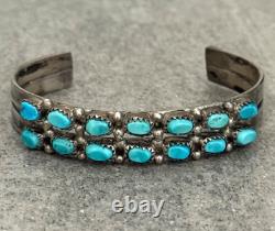 Vintage Native American ZUNI HAND CUT Turquoise Two Row Sterling Bracelet 6.5 in