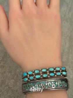 Vintage Native American ZUNI HAND CUT Turquoise Two Row Sterling Bracelet 6.5 in