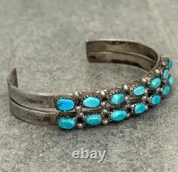 Vintage Native American ZUNI HAND CUT Turquoise Two Row Sterling Bracelet 6.5 in