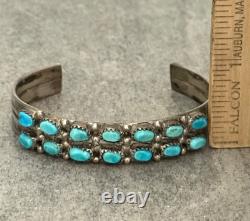 Vintage Native American ZUNI HAND CUT Turquoise Two Row Sterling Bracelet 6.5 in