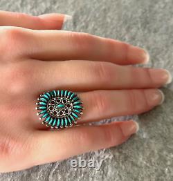 Vintage Native American ZUNI Needle point Turquoise sterling RING 6.5 Signed