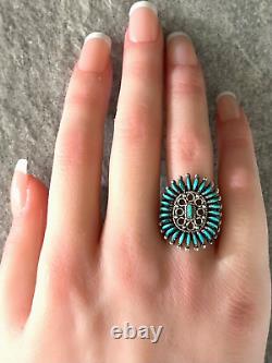 Vintage Native American ZUNI Needle point Turquoise sterling RING 6.5 Signed