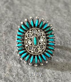 Vintage Native American ZUNI Needle point Turquoise sterling RING 6.5 Signed