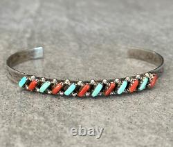 Vintage Native American ZUNI Needlepoint Turquoise Coral Sterling Bracelet