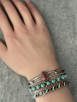 Vintage Native American ZUNI Needlepoint Turquoise Coral Sterling Bracelet