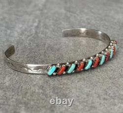 Vintage Native American ZUNI Needlepoint Turquoise Coral Sterling Bracelet