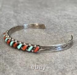 Vintage Native American ZUNI Needlepoint Turquoise Coral Sterling Bracelet