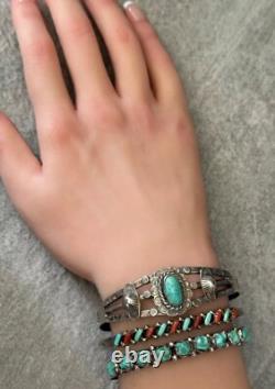 Vintage Native American ZUNI Needlepoint Turquoise Coral Sterling Bracelet