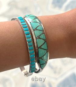 Vintage Native American Zuni LM Kallestewa Turquoise Inlay Sterling Bracelet
