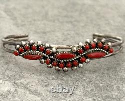 Vintage Native American Zuni RL Snake Eye Coral Cluster Sterling Bracelet 7.1 in