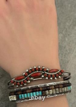Vintage Native American Zuni RL Snake Eye Coral Cluster Sterling Bracelet 7.1 in
