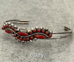 Vintage Native American Zuni RL Snake Eye Coral Cluster Sterling Bracelet 7.1 in