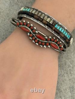Vintage Native American Zuni RL Snake Eye Coral Cluster Sterling Bracelet 7.1 in