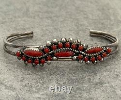Vintage Native American Zuni RL Snake Eye Coral Cluster Sterling Bracelet 7.1 in