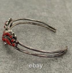Vintage Native American Zuni RL Snake Eye Coral Cluster Sterling Bracelet 7.1 in