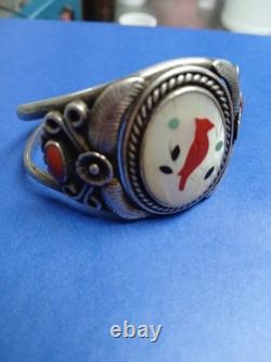 Vintage Native American Zuni Red Bird Sterling Cuff Bracelet Classy Stylish