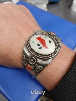 Vintage Native American Zuni Red Bird Sterling Cuff Bracelet Classy Stylish