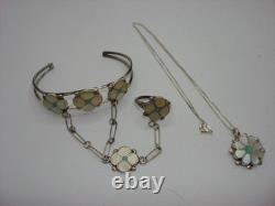 Vintage Native American Zuni Sterling Mop & Turquoise Cuff With Ring & Necklace