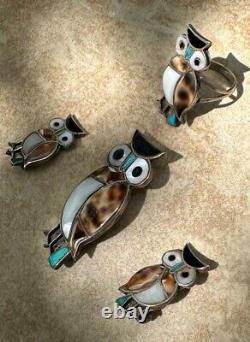 Vintage Native American Zuni Sterling Owl Ring, Brooch & Clip-on Earrings Set