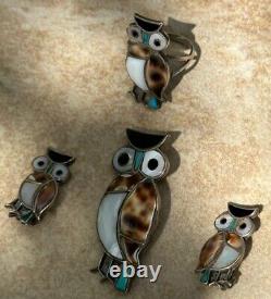 Vintage Native American Zuni Sterling Owl Ring, Brooch & Clip-on Earrings Set