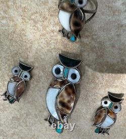 Vintage Native American Zuni Sterling Owl Ring, Brooch & Clip-on Earrings Set