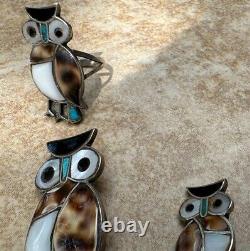 Vintage Native American Zuni Sterling Owl Ring, Brooch & Clip-on Earrings Set