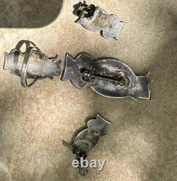 Vintage Native American Zuni Sterling Owl Ring, Brooch & Clip-on Earrings Set