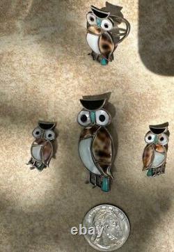Vintage Native American Zuni Sterling Owl Ring, Brooch & Clip-on Earrings Set