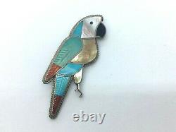 Vintage Native American Zuni Sterling Silver Parrot Bird Brooch Pendant Necklace