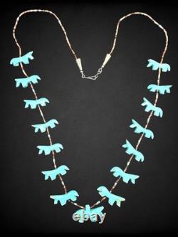 Vintage Native American Zuni Turquoise Horse Fetish Necklace Heishi Beads 925