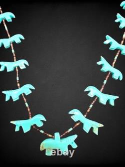Vintage Native American Zuni Turquoise Horse Fetish Necklace Heishi Beads 925