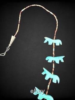 Vintage Native American Zuni Turquoise Horse Fetish Necklace Heishi Beads 925