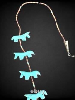 Vintage Native American Zuni Turquoise Horse Fetish Necklace Heishi Beads 925